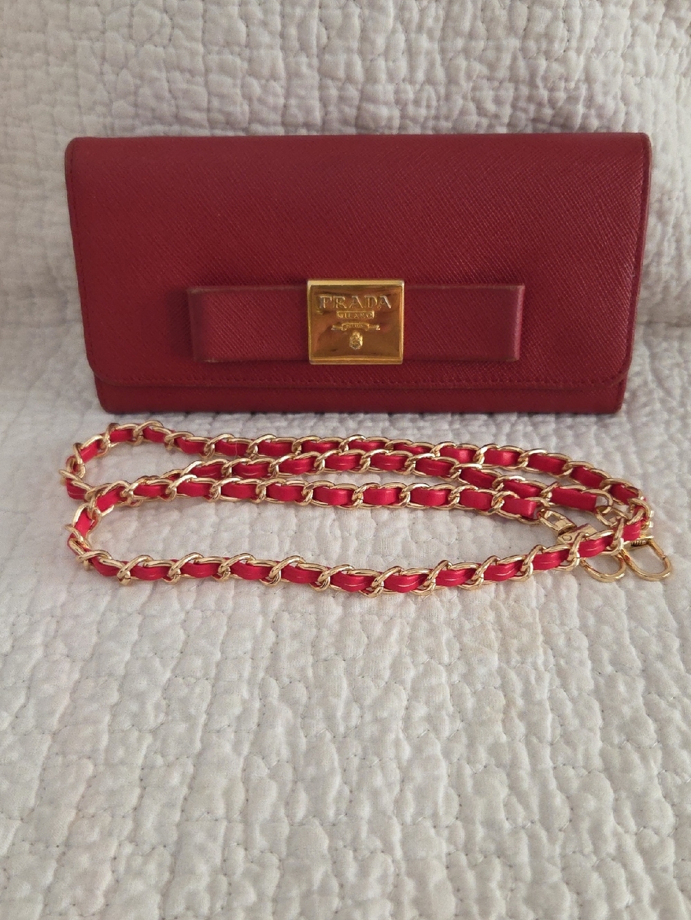 Prada Red Saffiano Leather Crossbody with unbranded red and gold chain